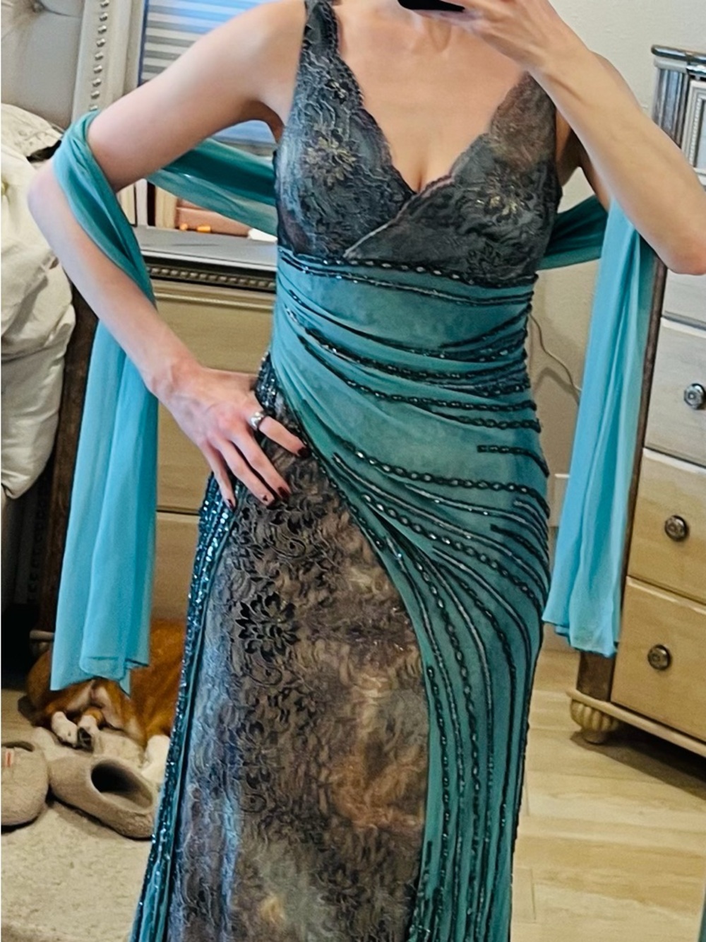 Vintage Alberto Makali Cream, Teal and Gray Silk Blend, Beaded, Lace Formal Gown - Picture 8 of 10